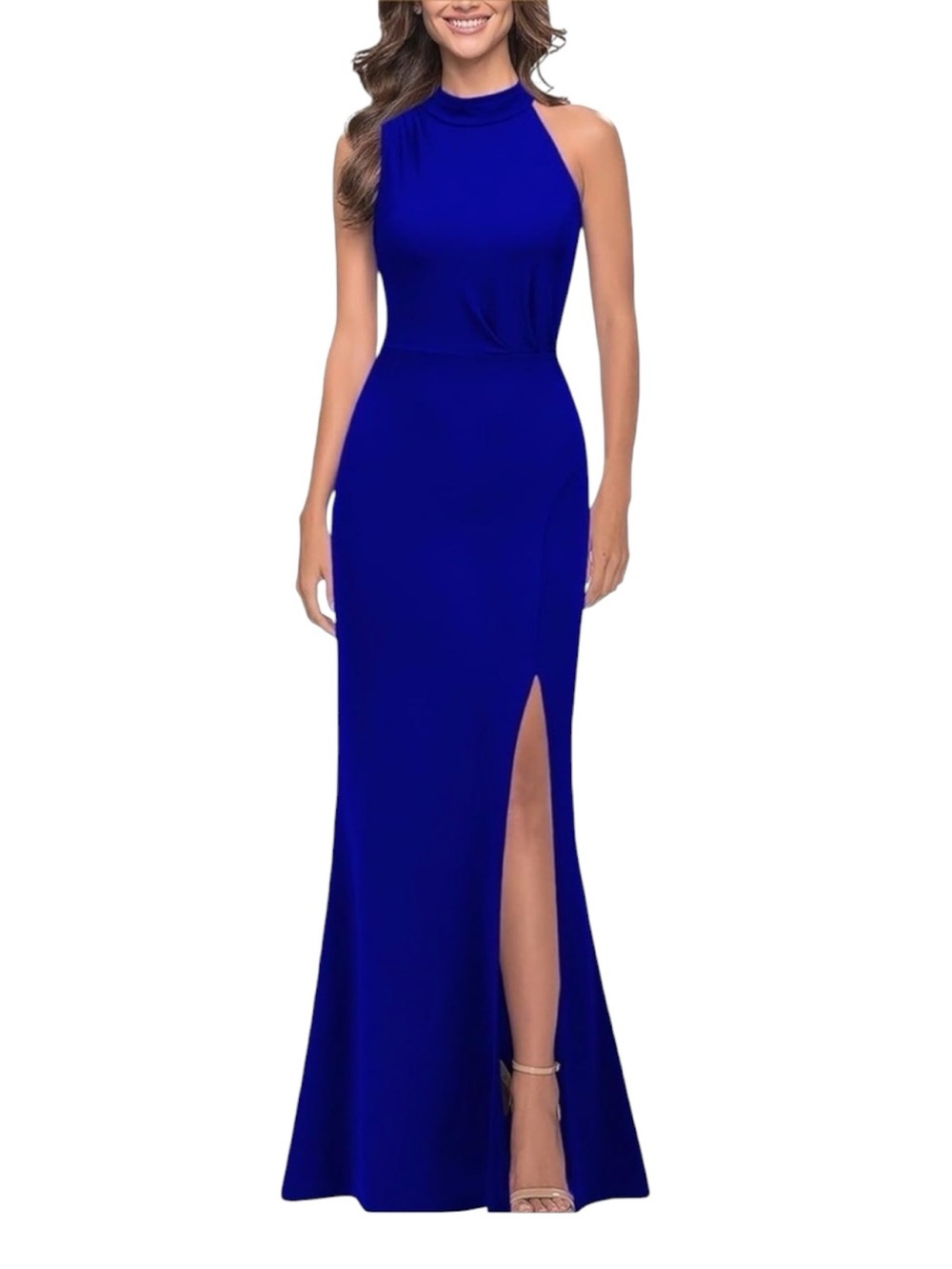 High-Neck Royal Blue Maxi Dress w/Thigh Split, P2P:14-17”, L;59”